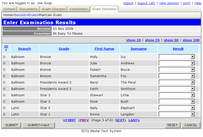 Examination Results Screen