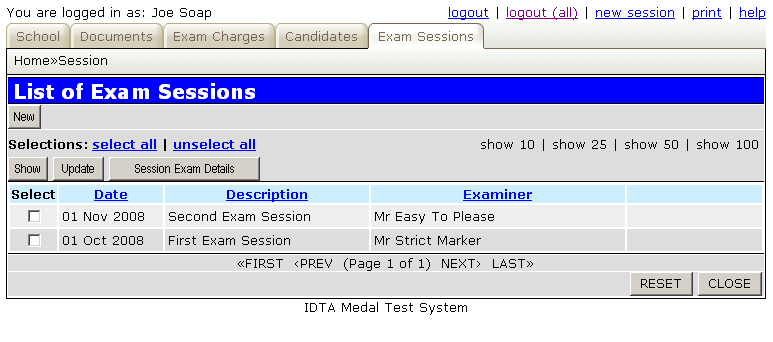 Exam Session List